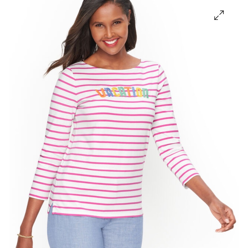 Talbots 100% Cotton Pink & White Stripe Boatneck Embroidered Vacation Top Large
